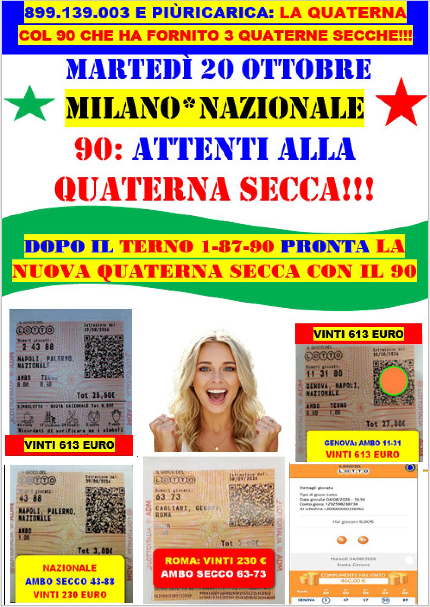 GIOVEDI' 15 /10, VINTO IL TERNO 1-90-87 SU BARI