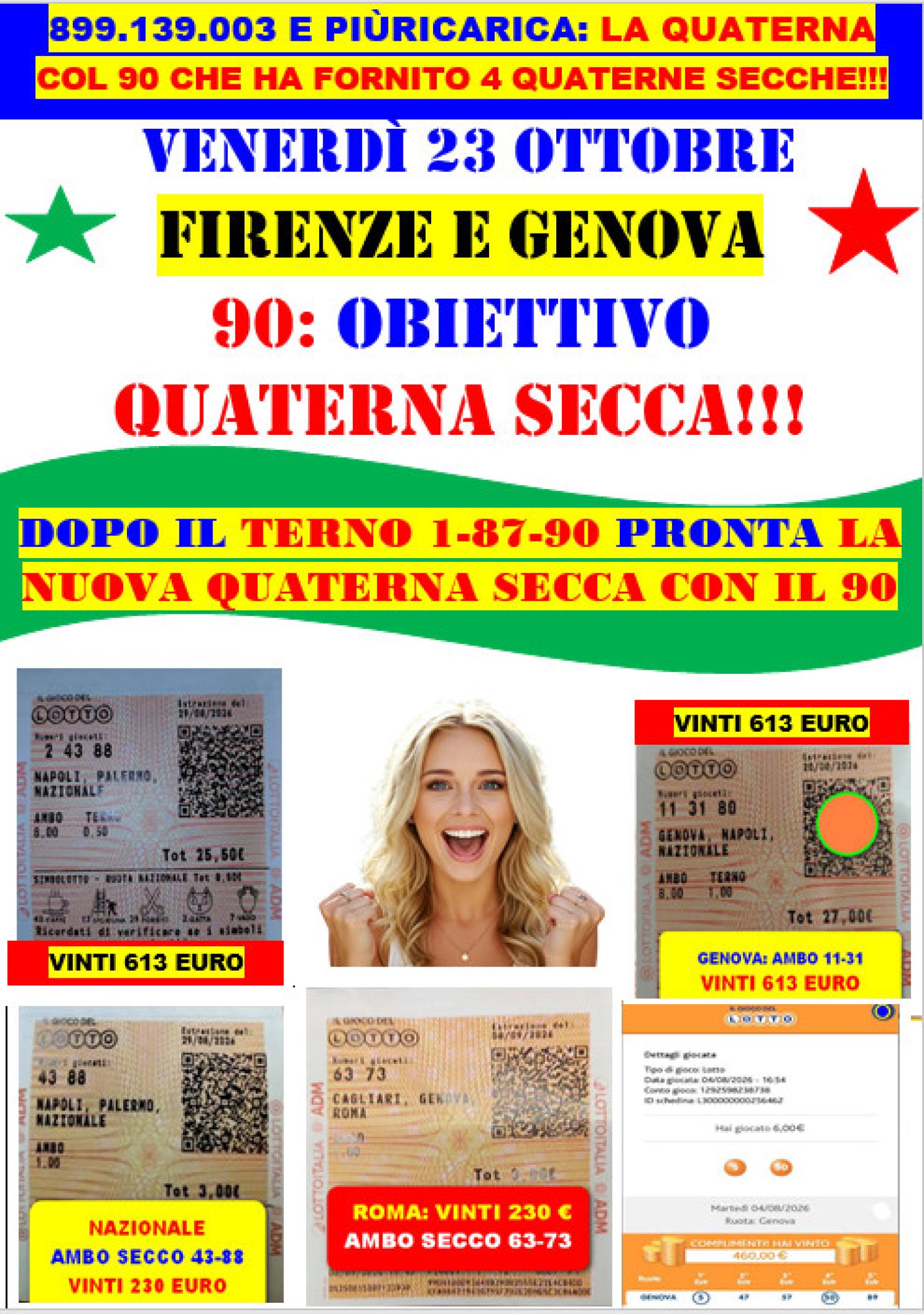 GIOVEDI' 15 /10, VINTO IL TERNO 1-90-87 SU BARI