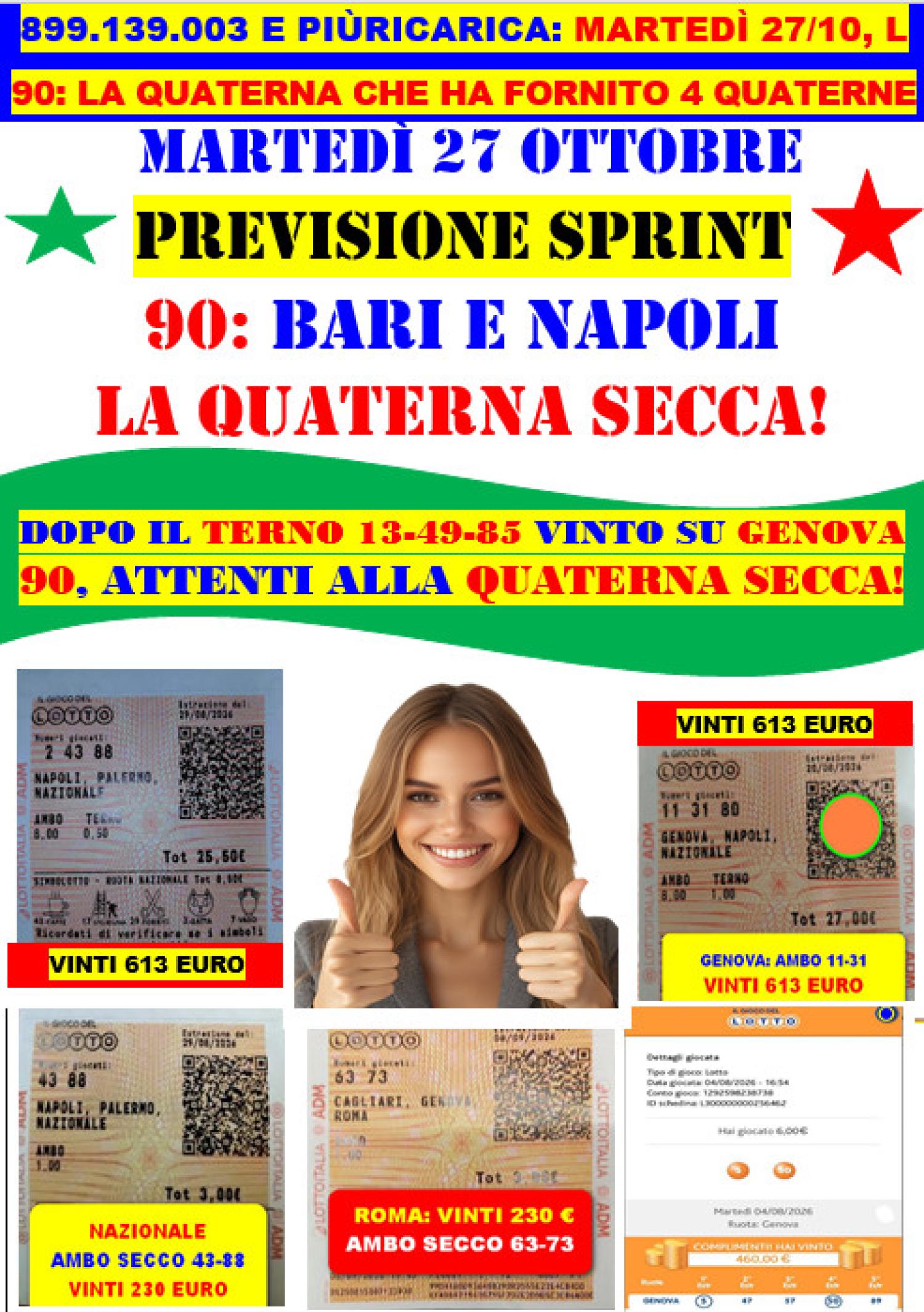 VENERDI' 23, VINTO IL TERNO 13-49-85 SU GENOVA