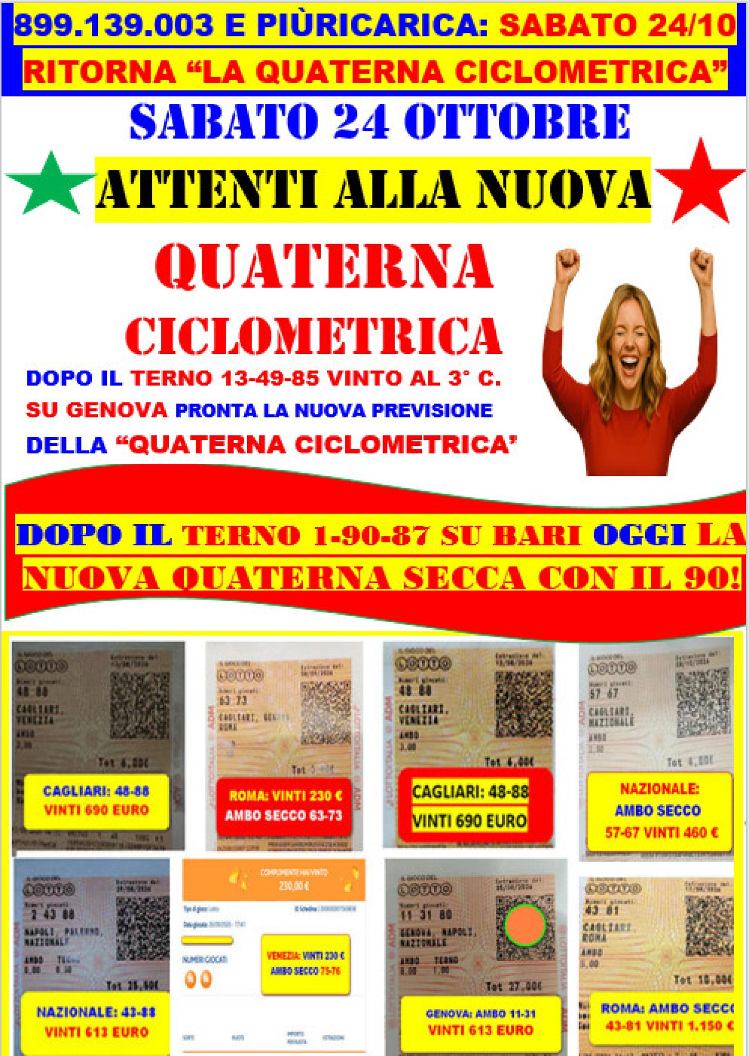 GIOVEDI' 15 /10, VINTO IL TERNO 1-90-87 SU BARI