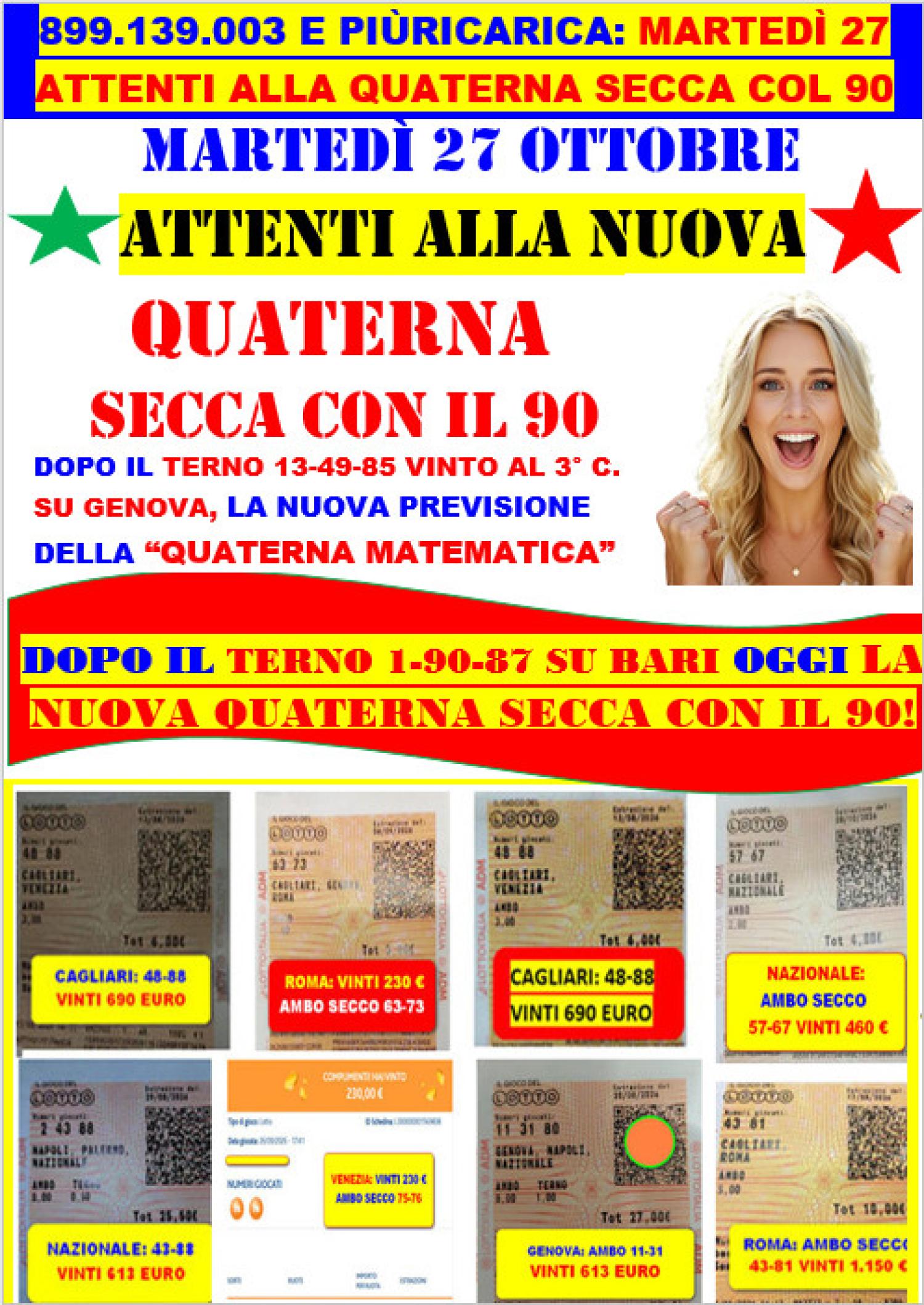 GIOVEDI' 15 /10, VINTO IL TERNO 1-90-87 SU BARI