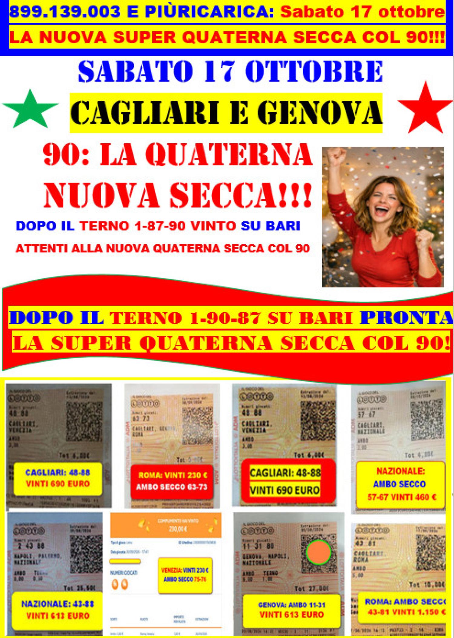GIOVEDI' 15 /10, VINTO IL TERNO 1-90-87 SU BARI