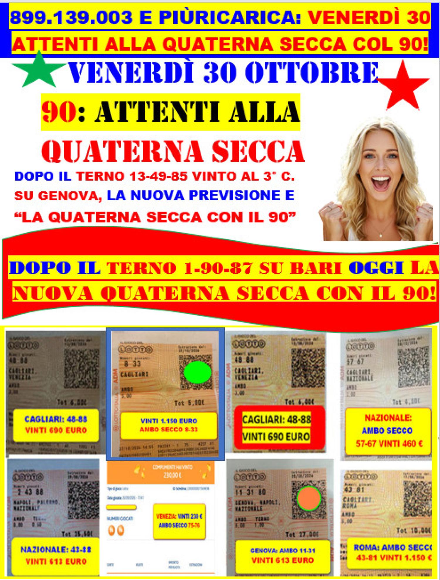 GIOVEDI' 15 /10, VINTO IL TERNO 1-90-87 SU BARI