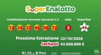 Superenalotto-Prossima estrazione 22/10/2026