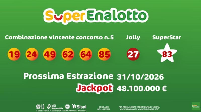 Superenalotto-Prossima estrazione 31/10/2026