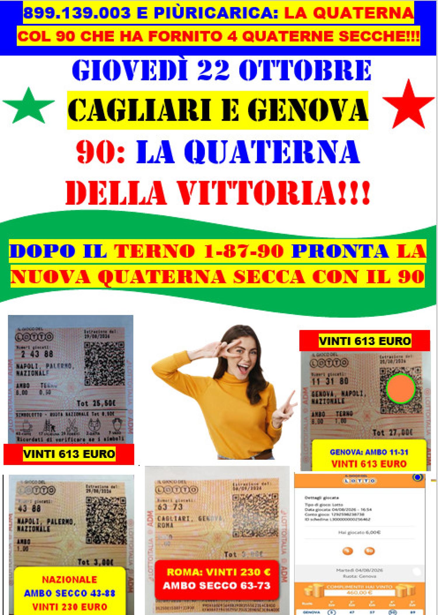 GIOVEDI' 15 /10, VINTO IL TERNO 1-90-87 SU BARI